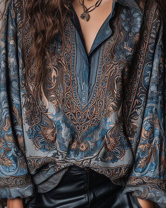 Bluse Retro Trykk V-hals Slårsmåkrage Sofistikert