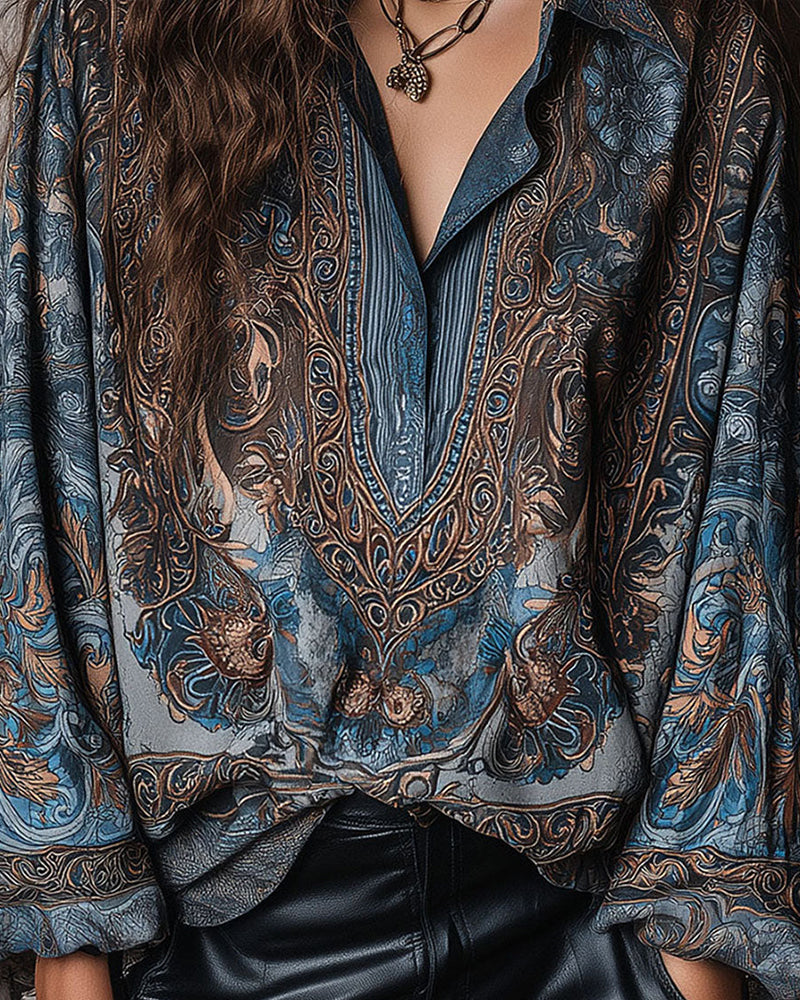 Bluse Retro Trykk V-hals Slårsmåkrage Sofistikert