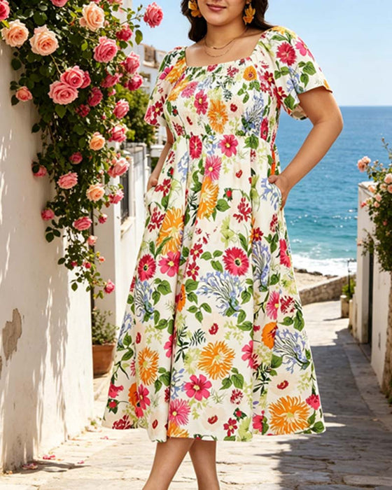Kjole Firkantet Hals Blomstrende Smocket Midje