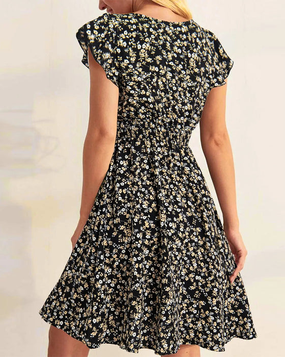 Kjole Rund Hals Elastisk Rynking Blomstret