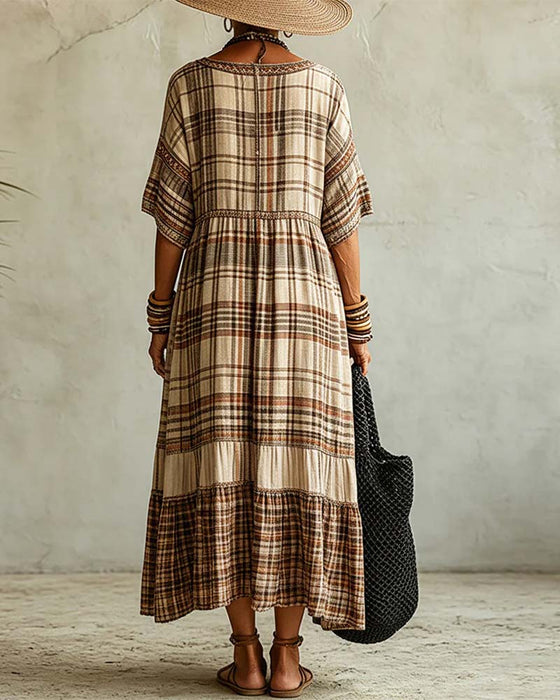 Kjole V-Hals Rute Patchwork