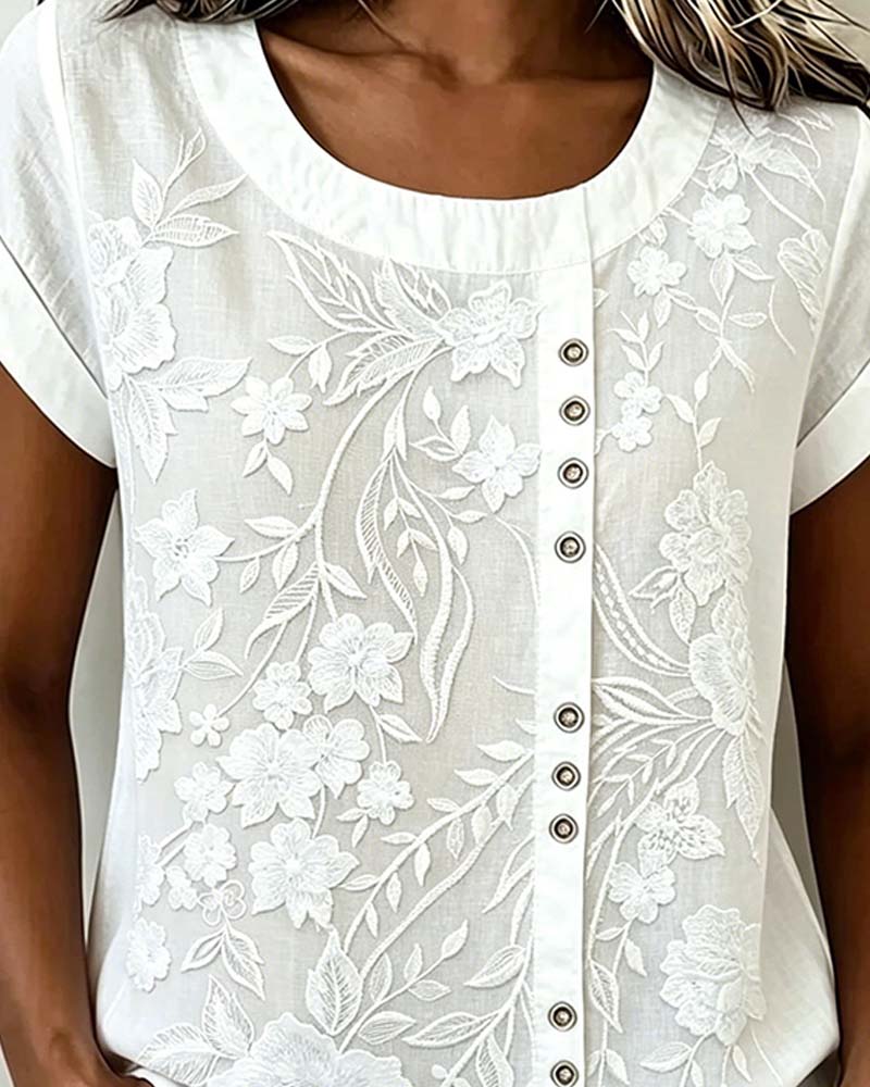 Bluse Blomstret Knapp Rundhalset Kortsermet
