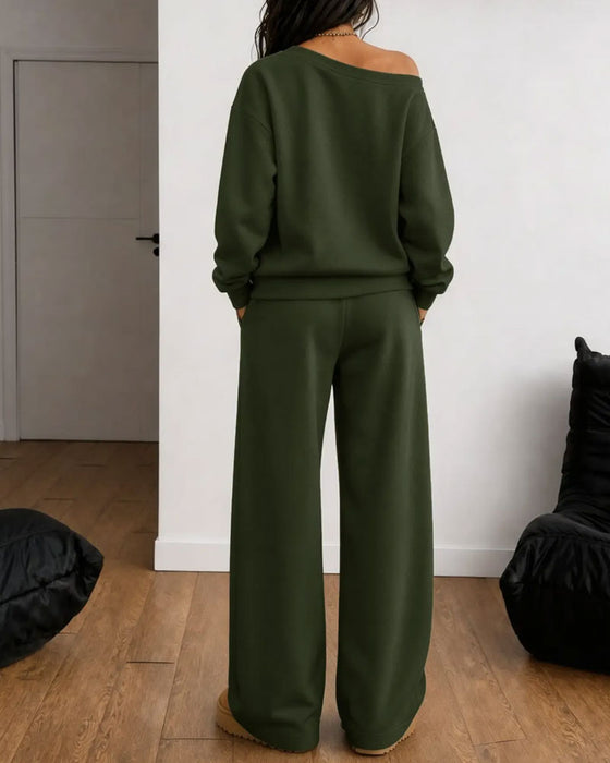 Sett En Skulder Casual Sweatshirt Lange Bukser