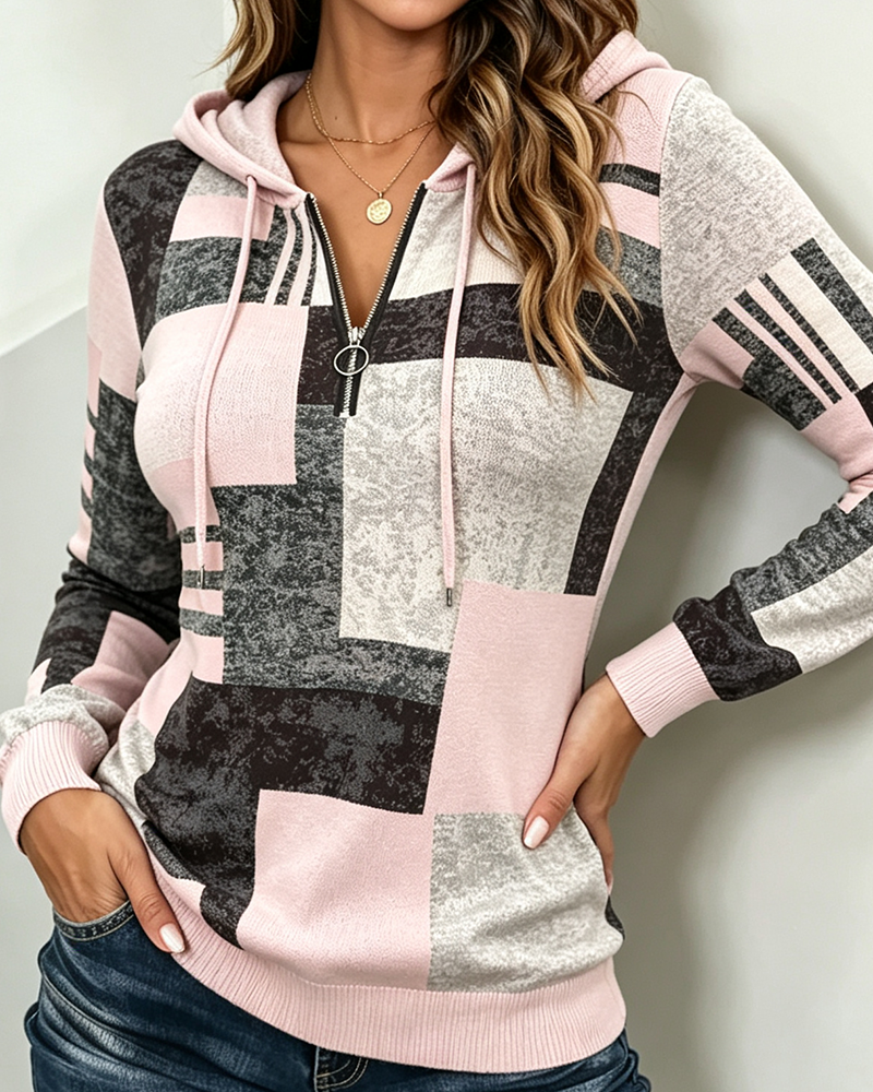 Hettegenser Halv-Zip Casual Kontrast Rutemønster