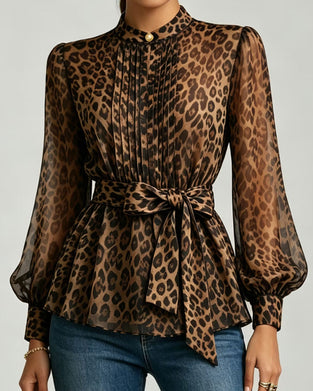 Bluse Leopard Trykk Ståkrage Puff Erme Knyting