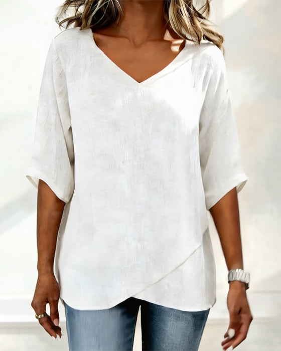 Topp Uregelmessig Kant Ensfarget V-Hals