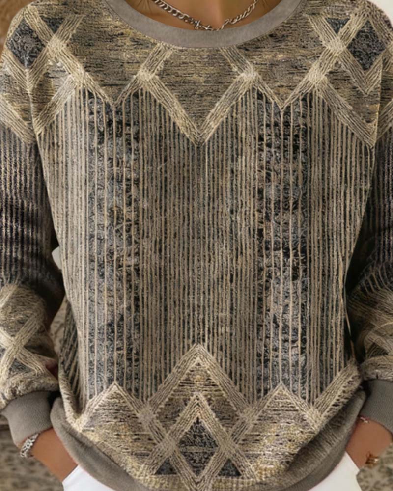 Retro Trykt Rund Hals Genser