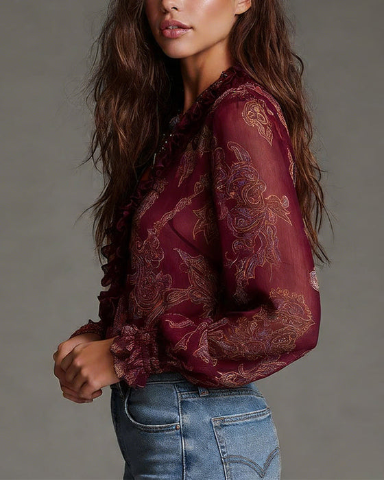 Bluse Halvglidelås Rysje Retro