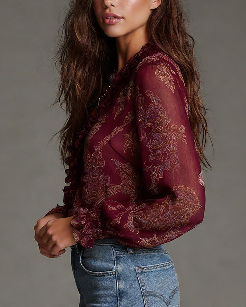 Bluse Halvglidelås Rysje Retro