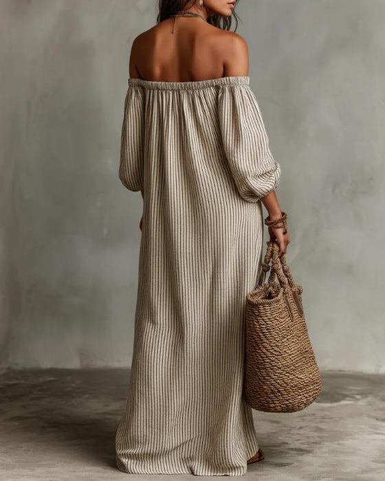 Kjole Løs Off-Shoulder Stripet