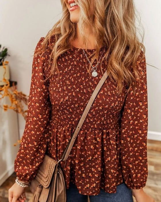 Bluse Blomstret Rynket Lang Erme