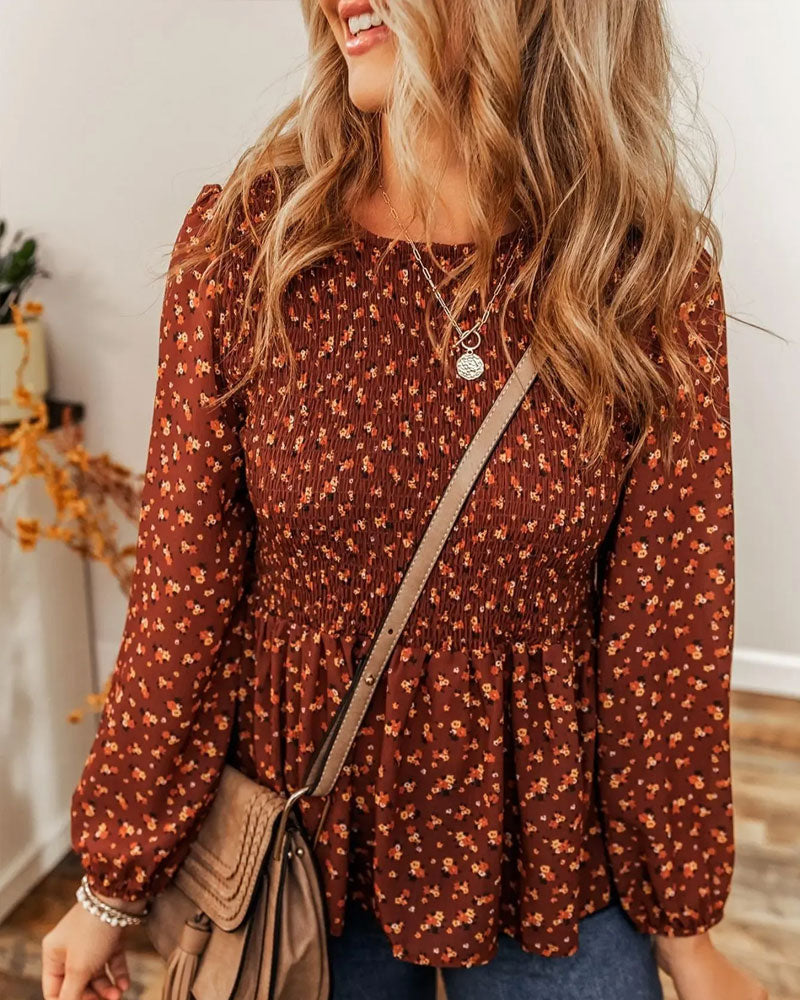 Bluse Blomstret Rynket Lang Erme