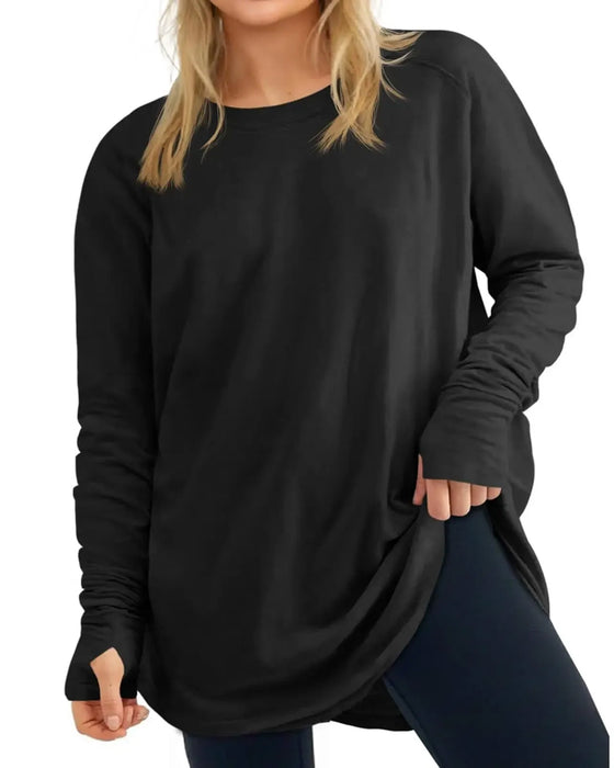 T-Shirt Rundhalset Langermet Ensfarget Løstsittende