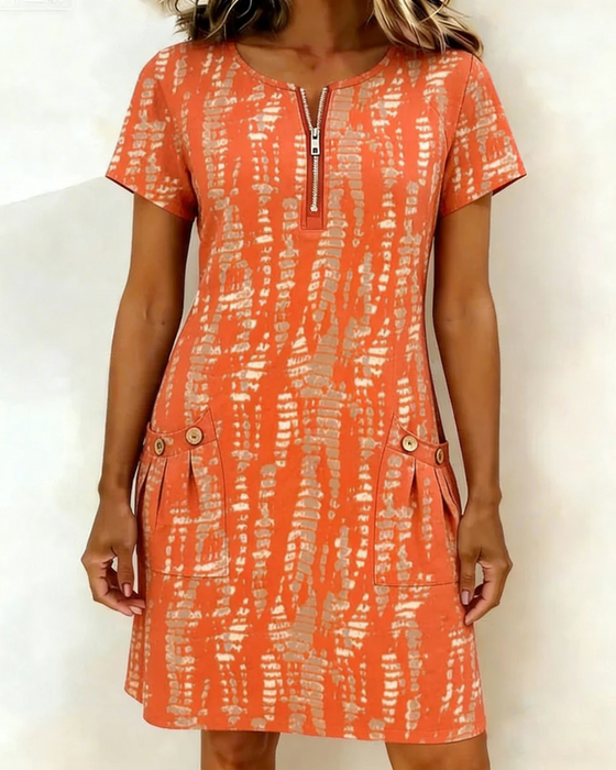 Kjole Trykt Halv-Glidelås Stor Lomme