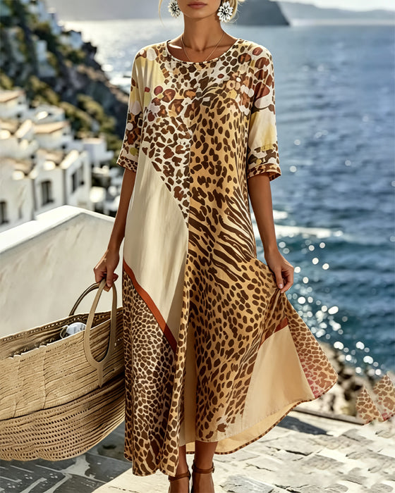 Kjole Leopard Trykk Rundhalset Patchwork