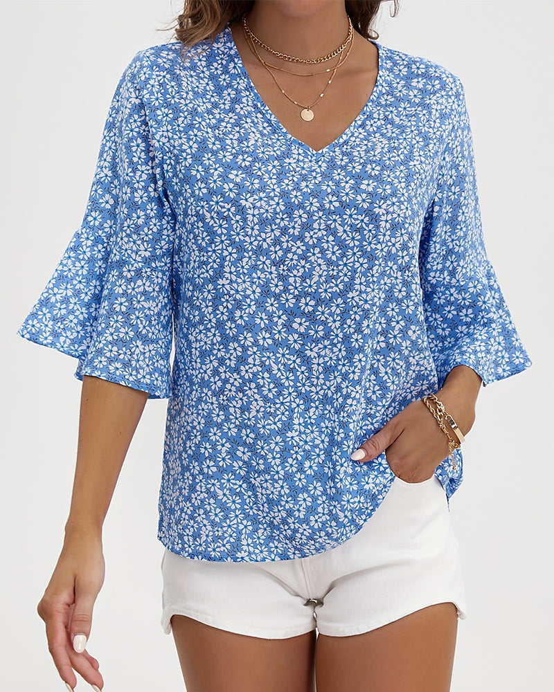 Bluse V-Hals Floral Sommerfugl Erme