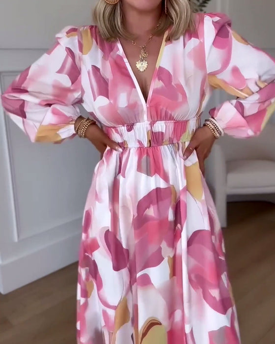 Langermet trykt elegant maxikjole med v-hals