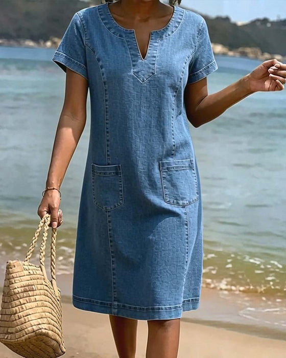 Kjole Avslappnet Slire Lomme Liten V-Utringning