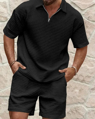 Set Polo Krage Glidelås Vaffel Tekstur Shorts