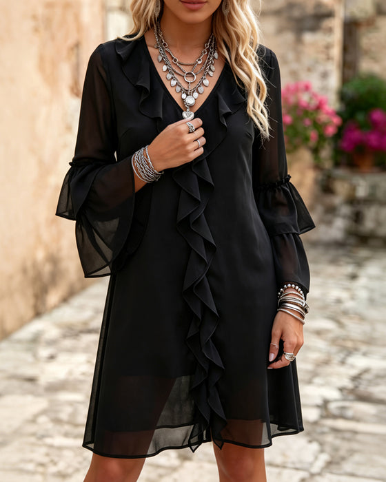 Kjole Ruffle Flare Erme V-Hals
