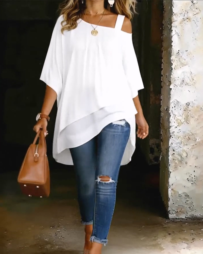 Bluse Asymmetrisk Cold Shoulder Ensfarget Avslappet