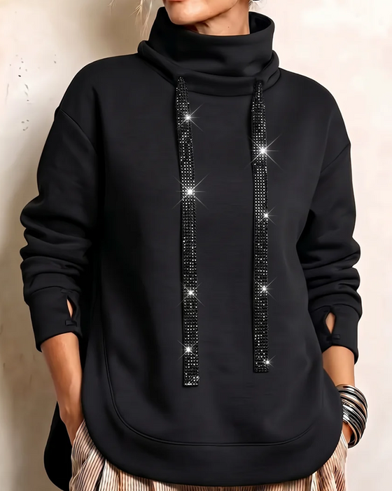 Sweatshirt Høy Hals Rhinestone Snøring