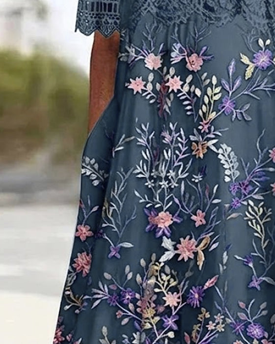 Kjole Blonder Blomstermønster Patchwork A-Linje