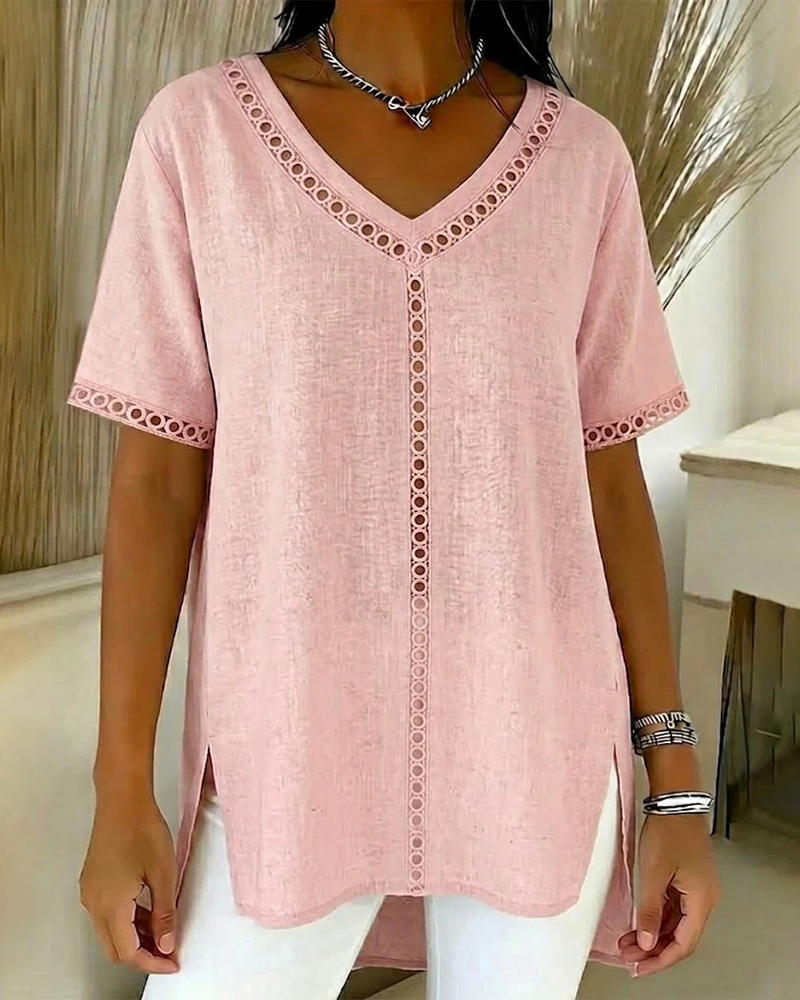 Topp Hul V-Hals Bomull Lin