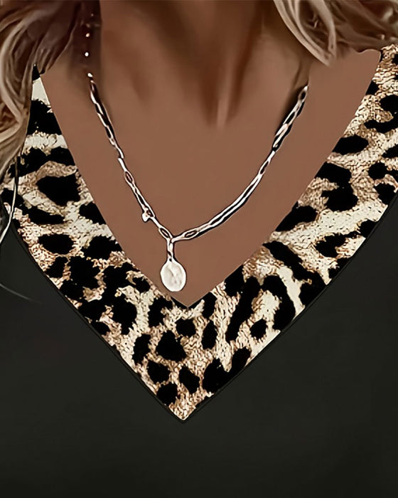 T-Skjorte Lang Erme V-Hals Leopard Patchwork
