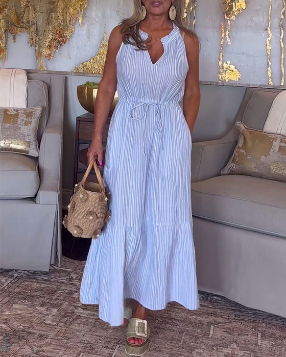 Stripeprint ermeløs kjole med snøring