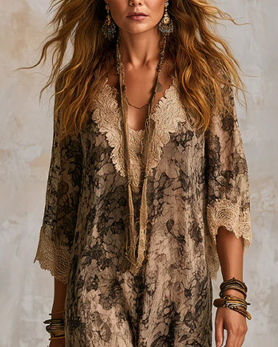 Kjole V-Hals Blonde Patchwork Asymmetrisk