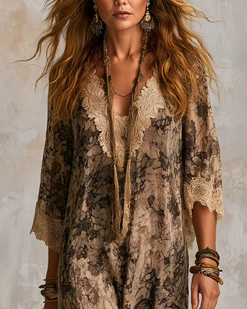Kjole V-Hals Blonde Patchwork Asymmetrisk