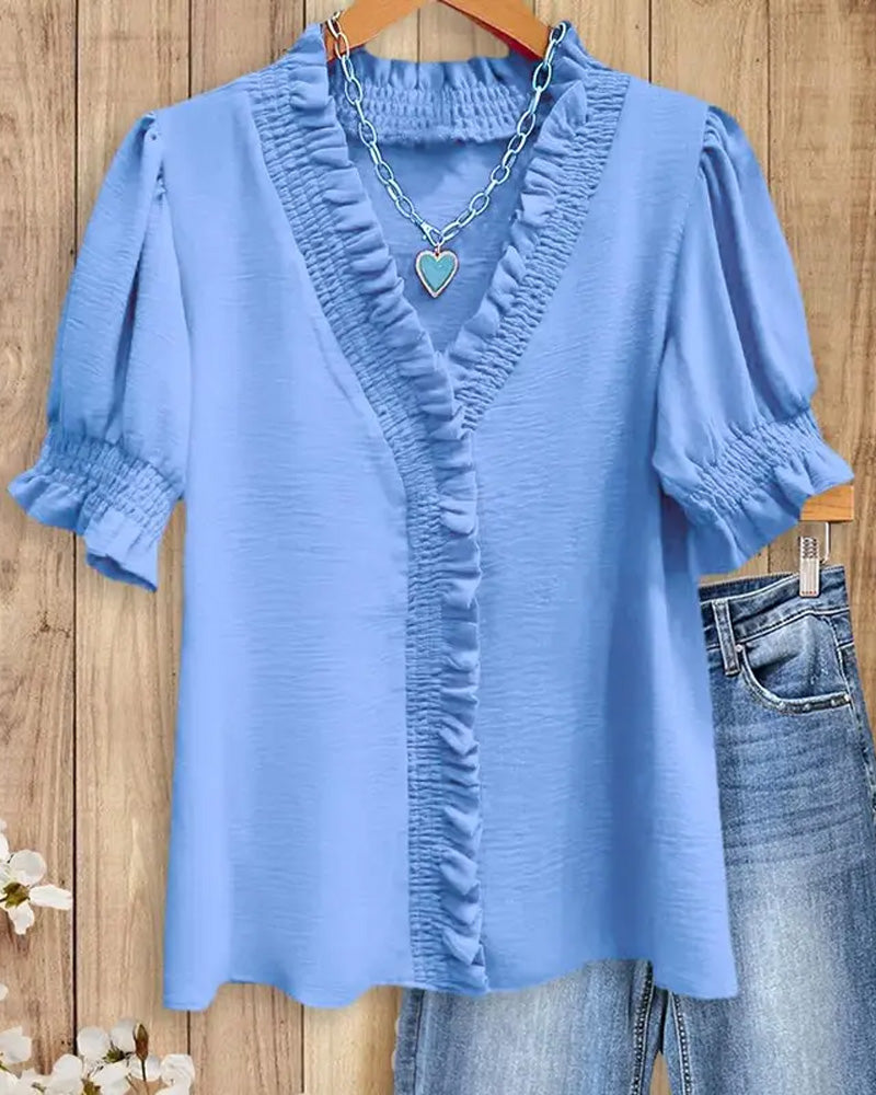 Bluse V-Hals Rynket Kortermet