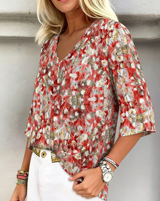Bluse Blomstre Trykk V-Hals Tredje-Kvart Erme