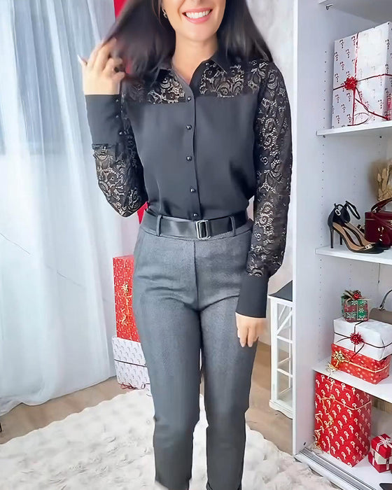 Elegant Blondeskjorte Med Nedbrettet Krage