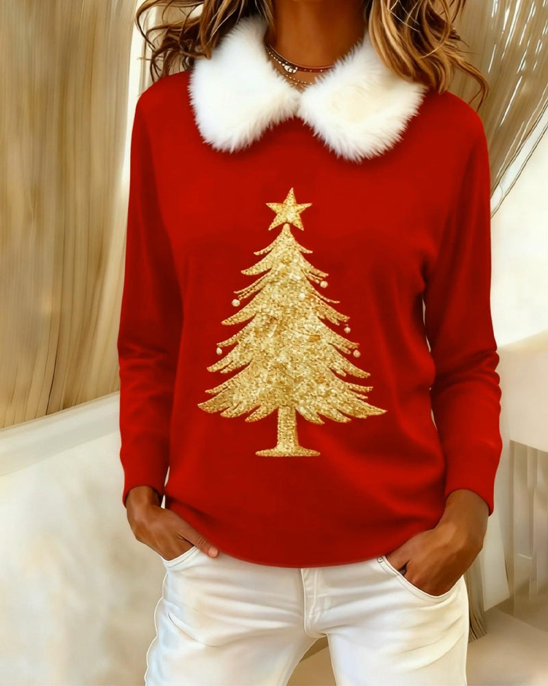 Trykket Langermet Topp Med Pelskrage