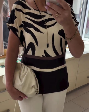 Bluse Rund Hals Geometrisk Patchwork Kort Erme