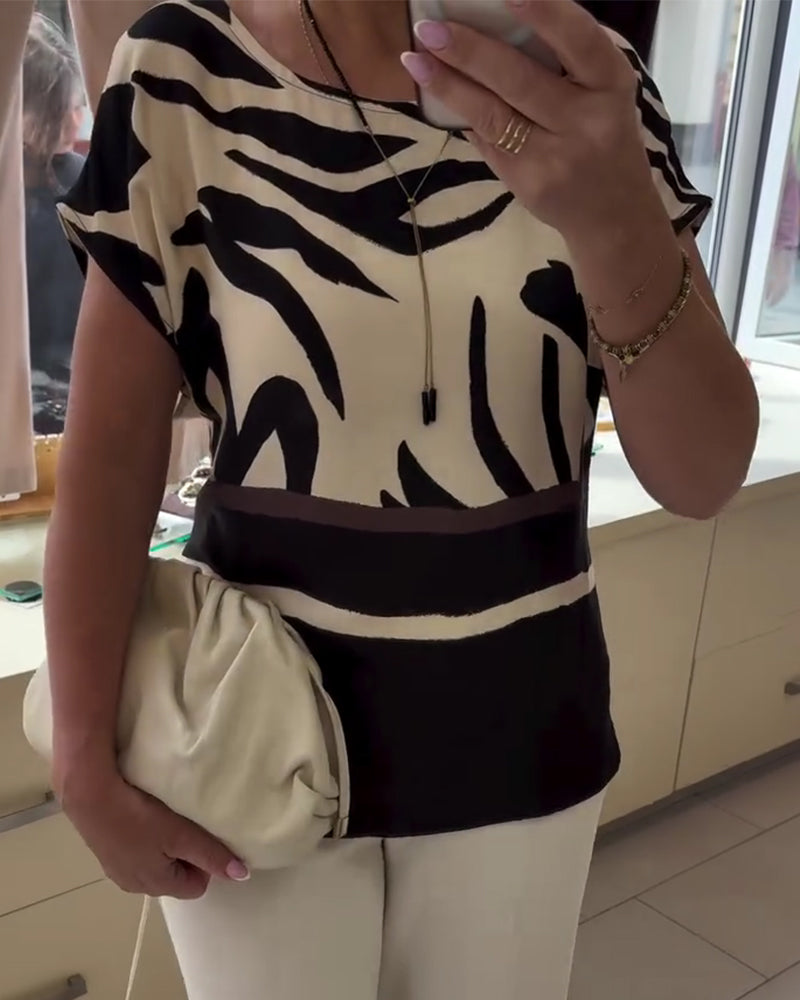 Bluse Rund Hals Geometrisk Patchwork Kort Erme