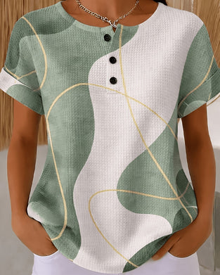 Bluse Med Rundhals, Knapper, Kontrastfargede Linjer