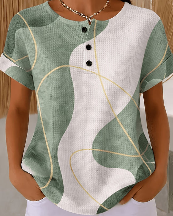 Bluse Med Rundhals, Knapper, Kontrastfargede Linjer