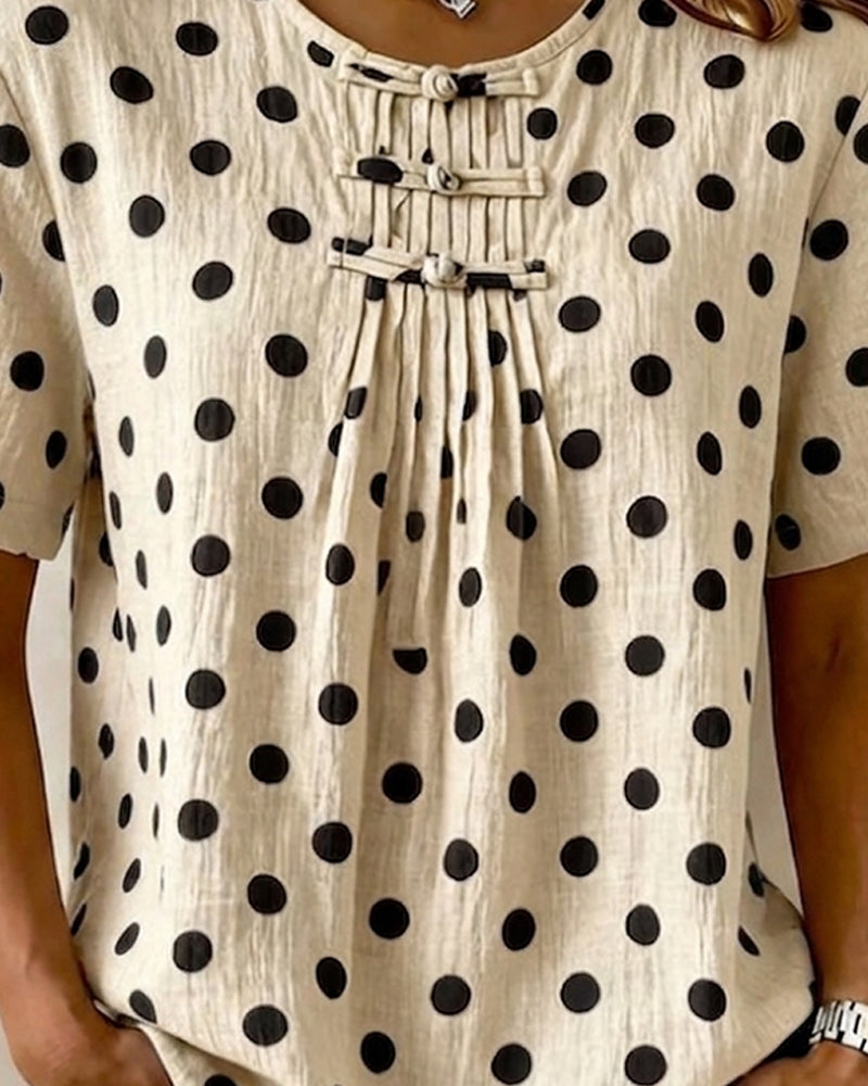 Bluse Polka Dot Frog Button Kort Erme