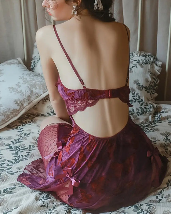 Dame Slim Fit Nattkjole Med Lav V-Hals Snøring Sommerfuglprint Topp Og Ryggløs Lounge-Sett