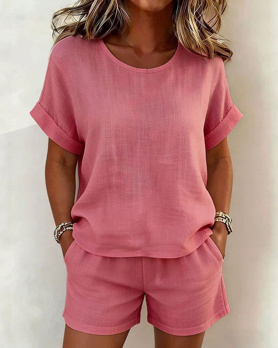 Set Solid Rund Hals Kort Erme Shorts