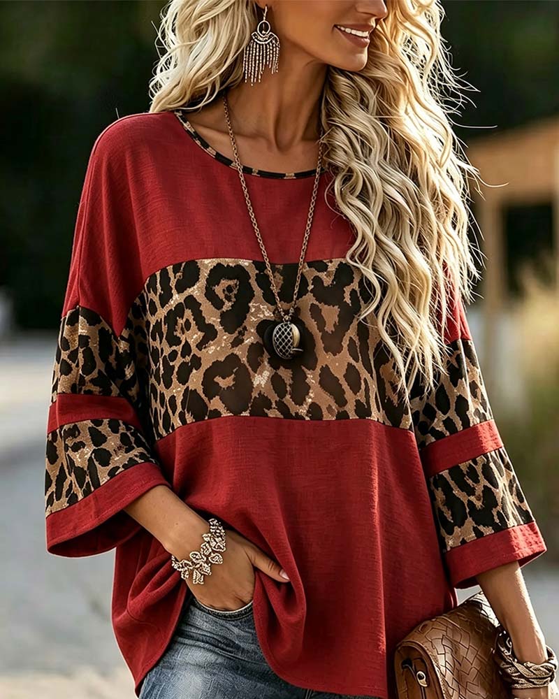 Topp Rundhalset Leopard Fargeblokk