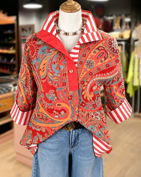 Bluse Patchwork Blomstrende Trykk Casual