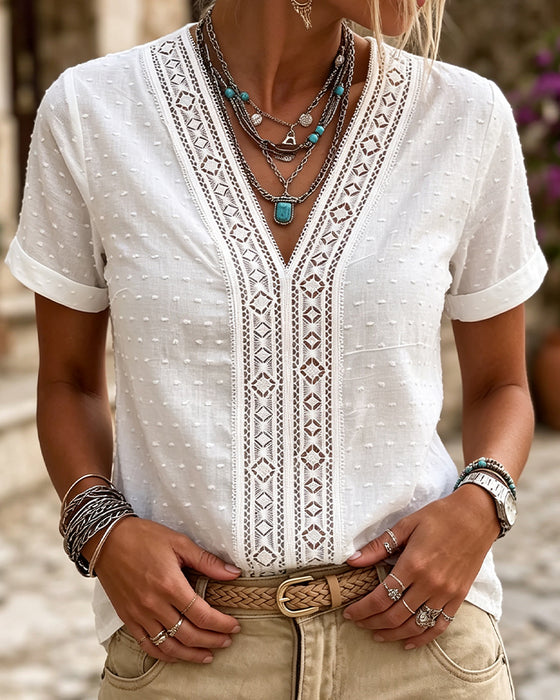Bluse V-Hals Diamant Utskjæring 3D Blomstret Solid