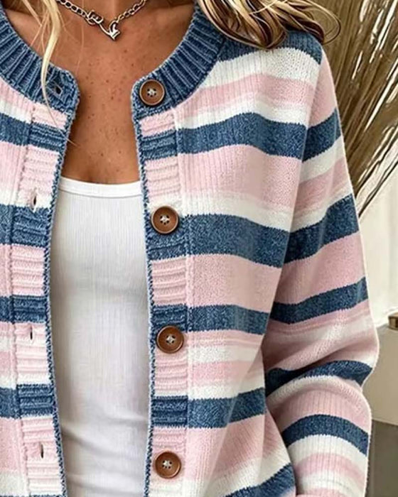 Cardigan Stripet Rund Hals Enkeltspent
