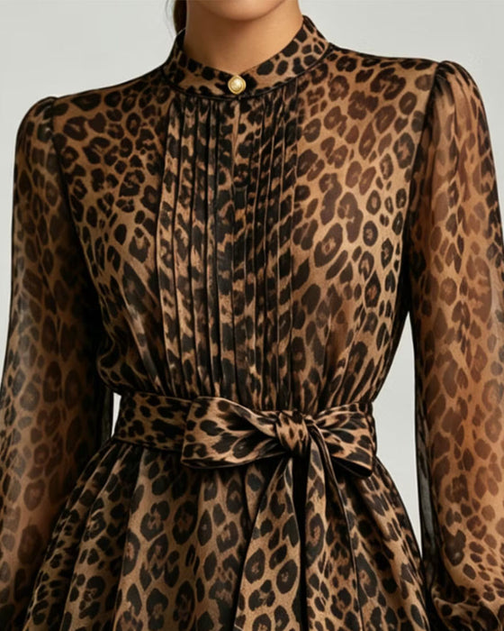 Bluse Leopard Trykk Ståkrage Puff Erme Knyting