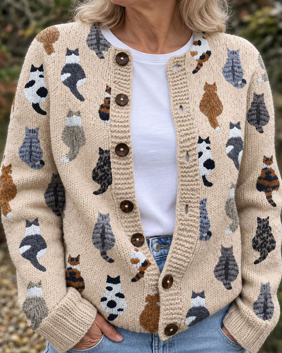 Cardigan Katt Rygg Trykk Strikket