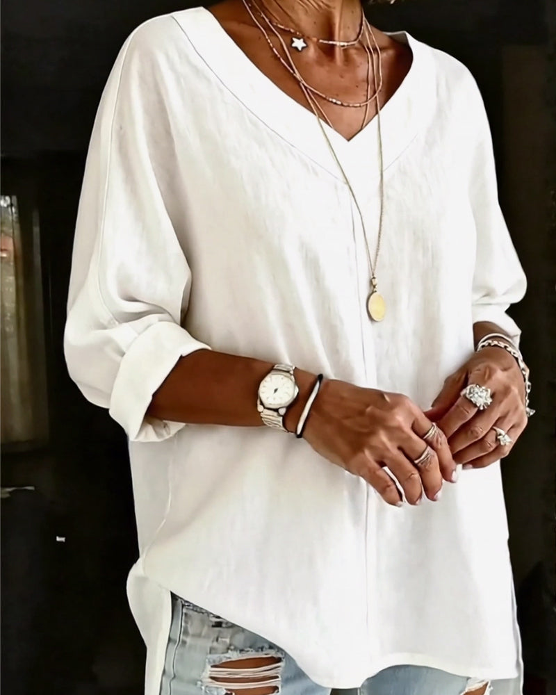 Topp 100% Bomull V-Hals Trekvart Erme Splitt